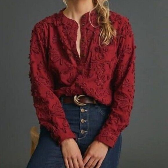 Pilcro Anthropologie The Whitney Textured Trapeze Red Button Down Blouse Size MP - Picture 1 of 11